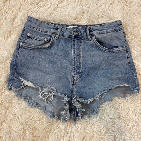 Zara distressed zip up high rise denim washed blue mini shorts size 10 cotton - Picture 1 of 5